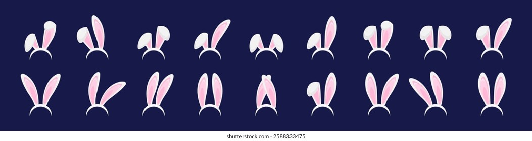 Easter Rabbit ears collection. Set of masks bunny ear on dark blue background. Vector illustration