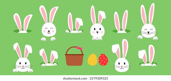 Easter rabbit ears and eggs, basket, bunnies hole and picnic bag on green background. Cute animal character bunny, cartoon egg hunt, funny spring set. Holiday vector illustration