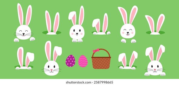 Easter rabbit ears and eggs, basket, bunnies hole and picnic bag. Cute animal character bunny, cartoon egg hunt, funny spring set on green background. Holiday vector illustration