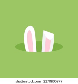 Easter rabbit ears in hole, bunny сartoon, funny character Easter egg hunt. Cute animal vector illustration on green background