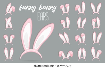 Easter Rabbit Ears Icons - Big Set. Collection Of Masks Pink Bunny Ear On Transparent Background. Cute Headband Stickers. Vector Illustration