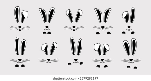 Easter rabbit ears and paw, bunny face, cute animal mask. Holiday spring character bunnies, cartoon set black and white colors on gray background. Simple vector illustration