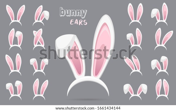 Easter Rabbit ears stickers collection. Set\
of masks bunny ear on transparent background. Big set. Vector\
illustration