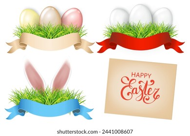 Easter rabbit ears sticking out of the grass,  eggs, silk ribbon. Cute cartoon greetig card design elements. Spring easter design set