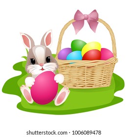 Easter rabbit with Easter egg. Basket with Easter eggs. Vector illustration