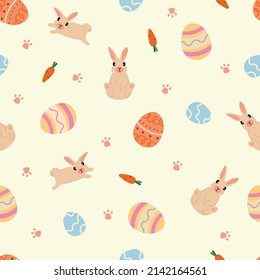 Easter rabbit, egg and carrot seamless cute pattern. Seamless texture. For backdrop, wrapping paper, fabric, wallpaper. fashion prints. Printing with in hand drawn style Pastel background.