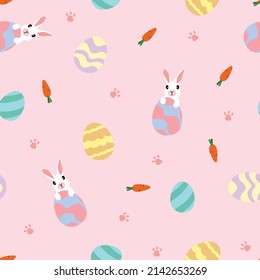 Easter rabbit, egg and carrot seamless cute pattern. Seamless texture. For backdrop, wrapping paper, fabric, wallpaper. fashion prints. Printing with in hand drawn style Pastel background.