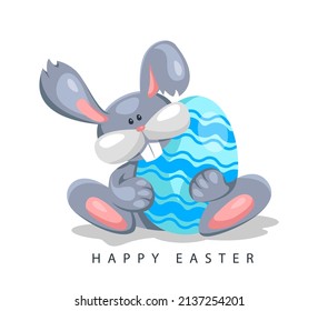 Easter rabbit with egg. Cartoon cute bunny vector illustration. Happy holiday celebration symbol.