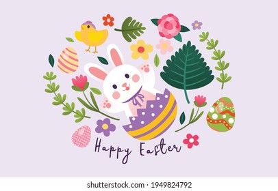 Easter Rabbit in Easter Egg with Chick, Leaves, Egg and Flower Collection, Vector, Illustration