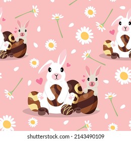 Easter rabbit, egg chocolate and daisy flower seamless cute pattern. For backdrop, wrapping paper, fabric, wallpaper. fashion prints. Printing with in hand drawn style Pastel background.