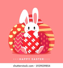 Conejo de Pascua con huevo de Pascua. Un conejito lindo abrazando huevos de Pascua. Aislado en un fondo rosado. Vector de ilustración