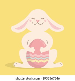 Easter rabbit and easter egg. Cute bunny hold easter egg. Vector tender color illustration for greeting card background