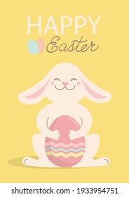 Conejo de Pascua y huevo de Pascua. Un conejito lindo sostiene huevo de Pascua. Ilustración de color amarillo vectorial para fondo de tarjeta de saludo