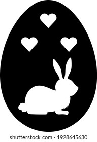 Conejo de Pascua en huevo con corazones. Silhouette vectorial.