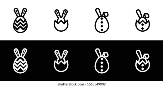 Easter rabbit egg icon set. Flat design icon collection isolated on black and white background. 