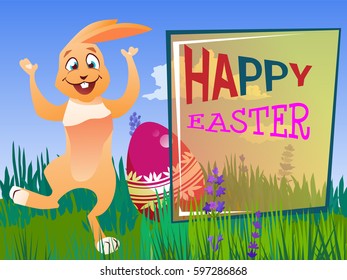 Easter rabbit with an egg is on the grass on a background of a spring landscape. Festive vector cartoon illustration.