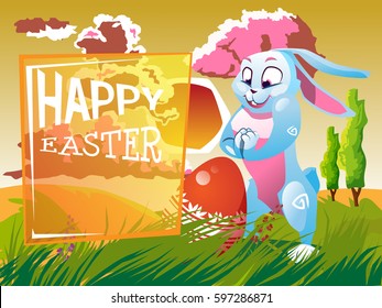 Easter rabbit with an egg is on the grass on a background of a spring landscape. Festive vector cartoon illustration.
