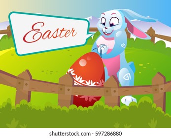Easter rabbit with an egg is on the grass on a background of a spring landscape. Festive vector cartoon illustration.