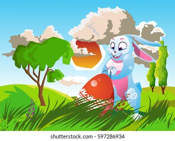 Easter rabbit with an egg is on the grass on a background of a spring landscape. Festive vector cartoon illustration.