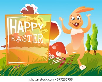 Easter rabbit with an egg is on the grass on a background of a spring landscape. Festive vector cartoon illustration.