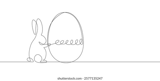 Easter Rabbit and Egg in One Continuous Line Drawing. Easter Card with Cute Bunny in Simple Linear Style. Editable Stroke. Doodle Vector Illustration for Spring Design. Not AI