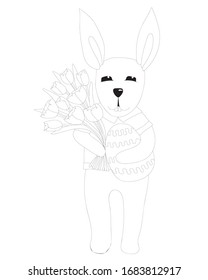 Easter rabbit with egg and tulip flower coloring page. Easter bunny coloring. Easter coloring card.