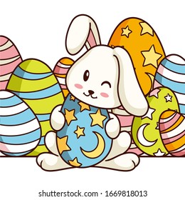 Easter rabbit with Easter egg.  Vector illustration in cartoon style. Isolated on white background. Happy Easter illustration.