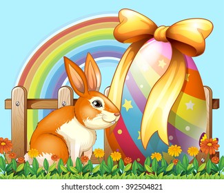 Easter rabbit with egg in the yard illustration