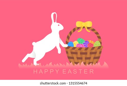 Easter rabbit with easter eggs in basket design greeting card