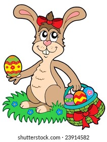 Easter rabbit with eggs basket - vector illustration.