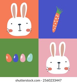 Easter rabbit, eggs, carrot. Modern cute design of greeting card, card, seamless pattern of bright squares. Festive vector background.