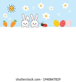 Easter rabbit, Easter eggs, carrots , lady bug, sun cartoon and daisy flower icon on white background vector illustration.