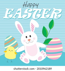 Easter rabbit, eggs and chick for easter greeting card