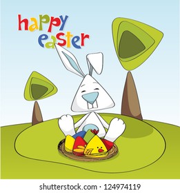 Easter rabbit with eggs and chicken