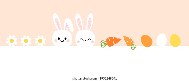 Easter rabbit, Easter eggs, daisy flower and carrots on orange white background vector illustration. 