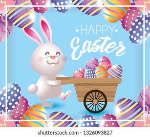 easter rabbit with eggs decoration inside wheelbarrow