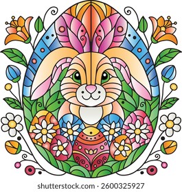 Easter rabbit and eggs, flowers. Stained glass vector illustration.