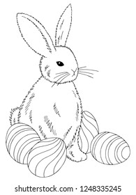 Easter rabbit with eggs graphic black white isolated sketch illustration vector