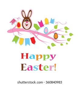 Easter rabbit with eggs hiding on spring tree branch, decorated be multicolor flags garland. Happy Easter childish greeting card or flat elements set. Funny chocolate bunny smiling for you.