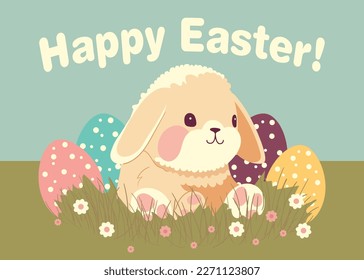 Easter rabbit with eggs jentle vector illustration in pastel colors. Fluffy funny bunny art.