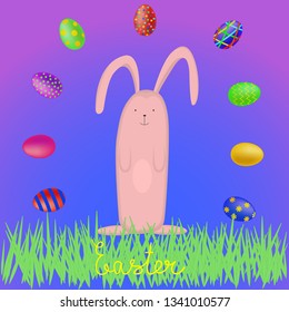 Easter. Rabbit and Easter eggs on blue background for design, greetings, greeting cards. Vector image