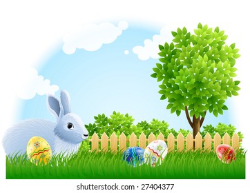 easter rabbit and eggs on the green garden grass - vector illustration