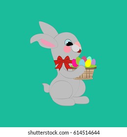 Easter rabbit with eggs on the green background. Vector illustration