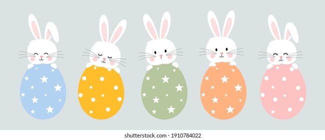 Easter rabbit and Easter eggs set, cute cartoon character. 