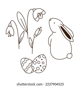 Easter rabbit, eggs and spring flowers. Cute bunny outline black and white doodle vector illustration set.