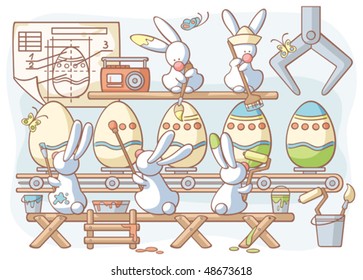 Easter rabbit factory producing dyed eggs