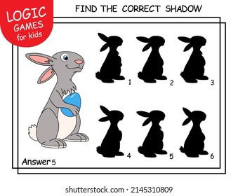 Easter Rabbit. Find the correct shadow of Bunny with Egg. Task with answer. Cute cartoon Hare. Learning matching game. Logic Games for Kids. Education worksheet with task for school or kindergarten.
