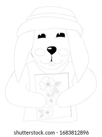 Easter rabbit with flower coloring page. Easter bunny coloring. Easter coloring card.
