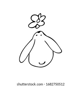 Easter rabbit with flower. Flat lay Cute doodle art