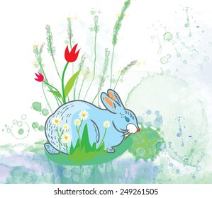 Easter rabbit with flowers background - watercolor style card